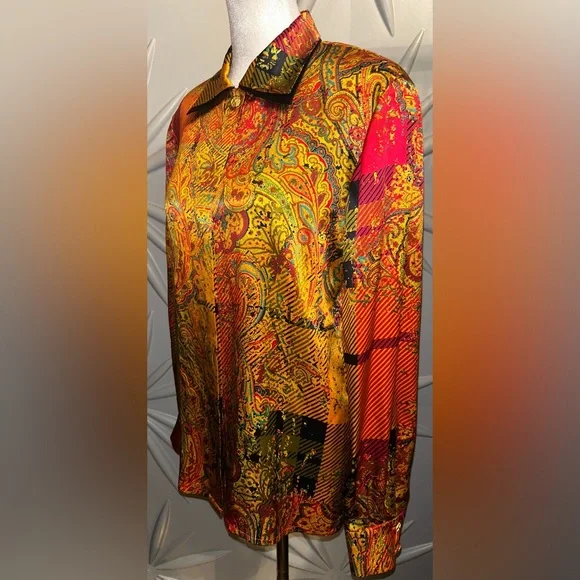 EUC Louis Feraud SZ 4 gold/red/black multicolored silk paisley print blouse - Picture 9 of 12